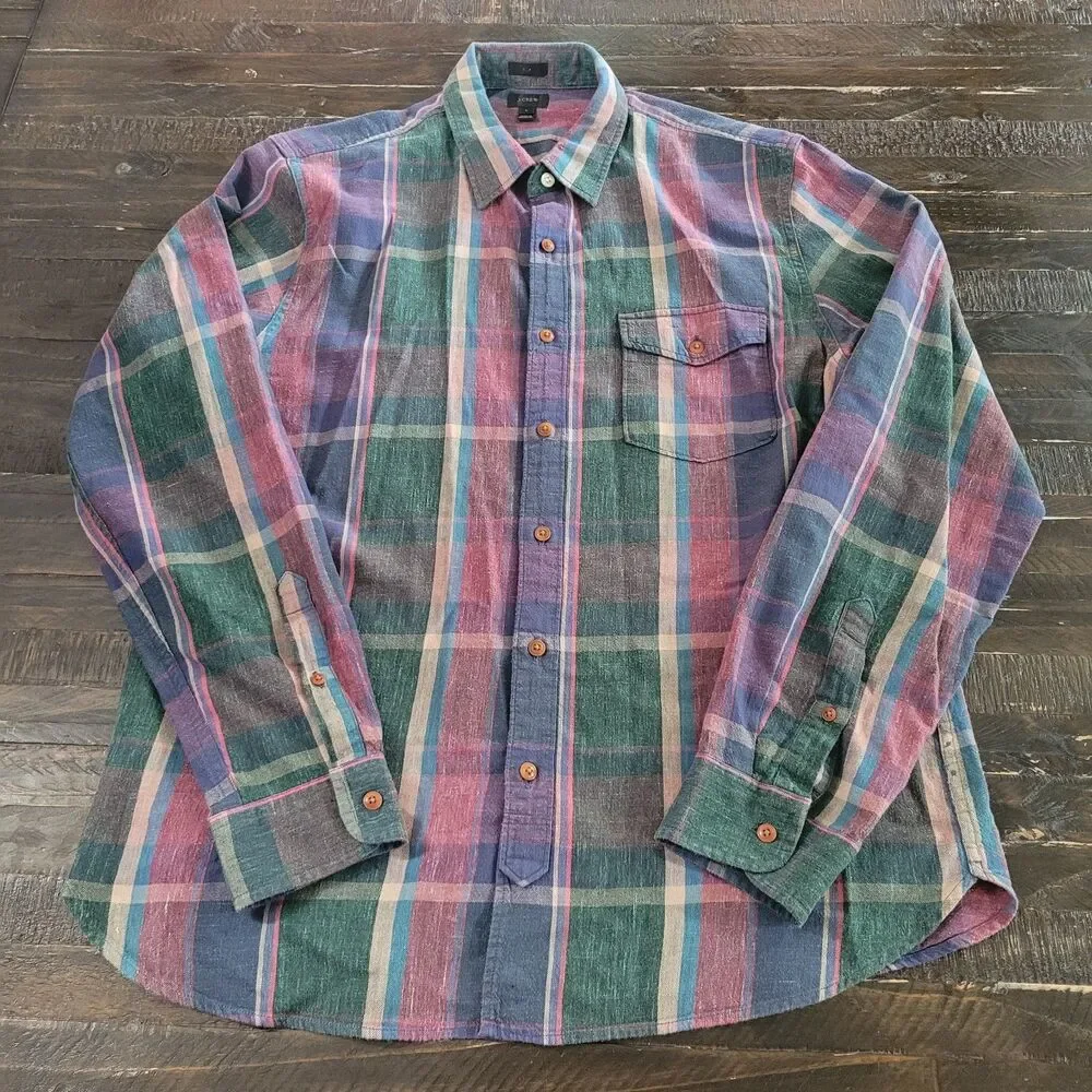 J.Crew Men's Slim Fit Plaid Button-Up Shirt Size Large Casual Preppy
